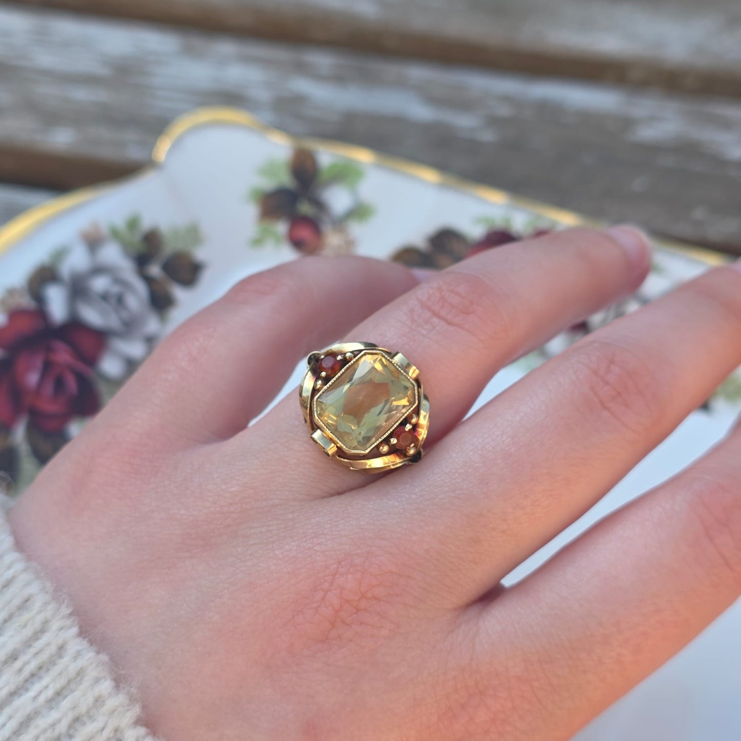 Vintage 14k gouden ring citrien krullen