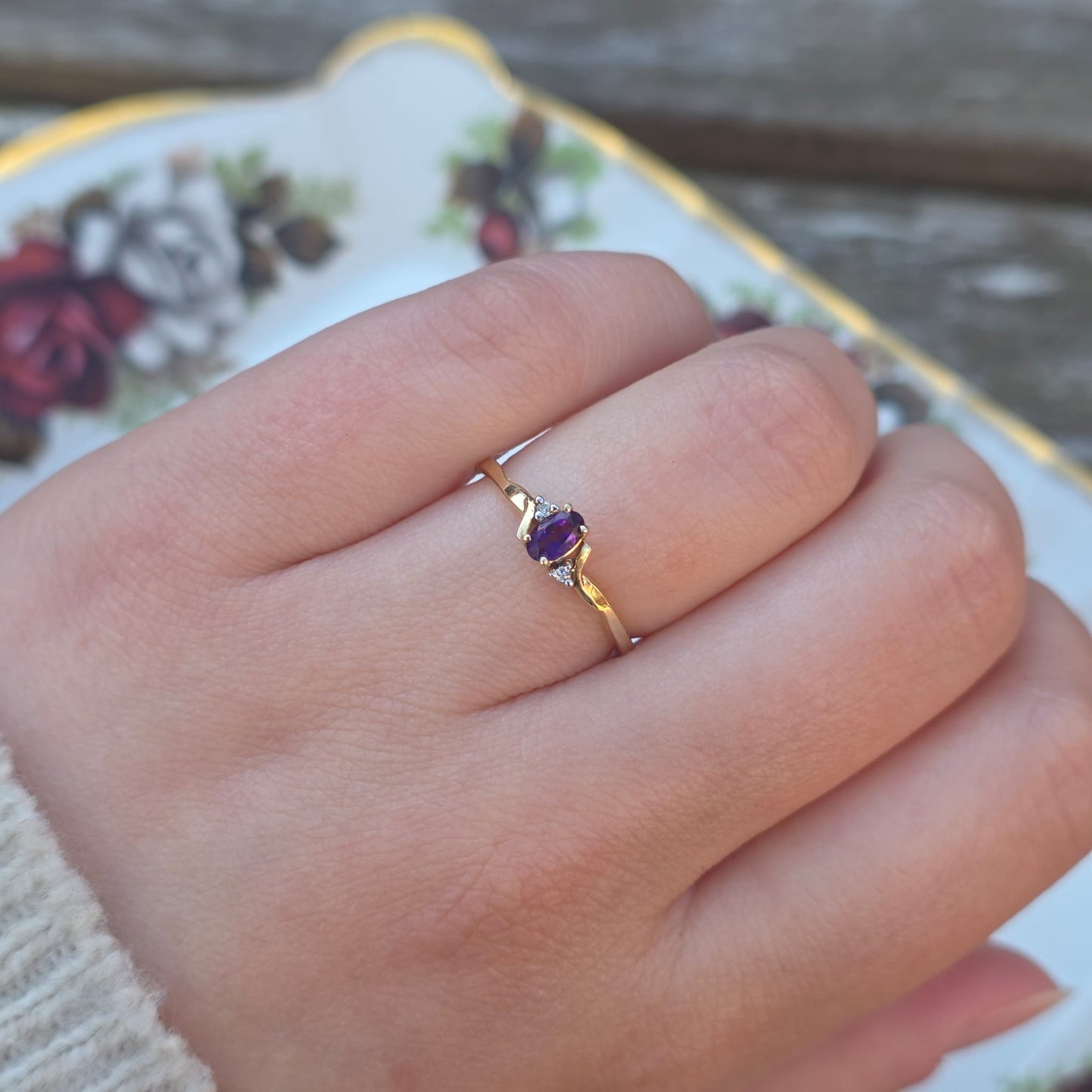 Vintage 10k ring met diamant en amethist