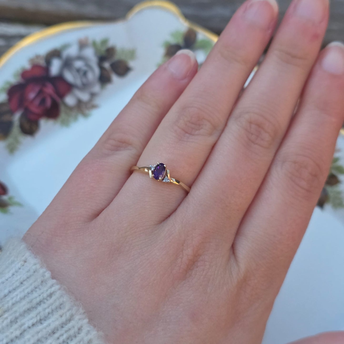 Vintage 10k ring met diamant en amethist