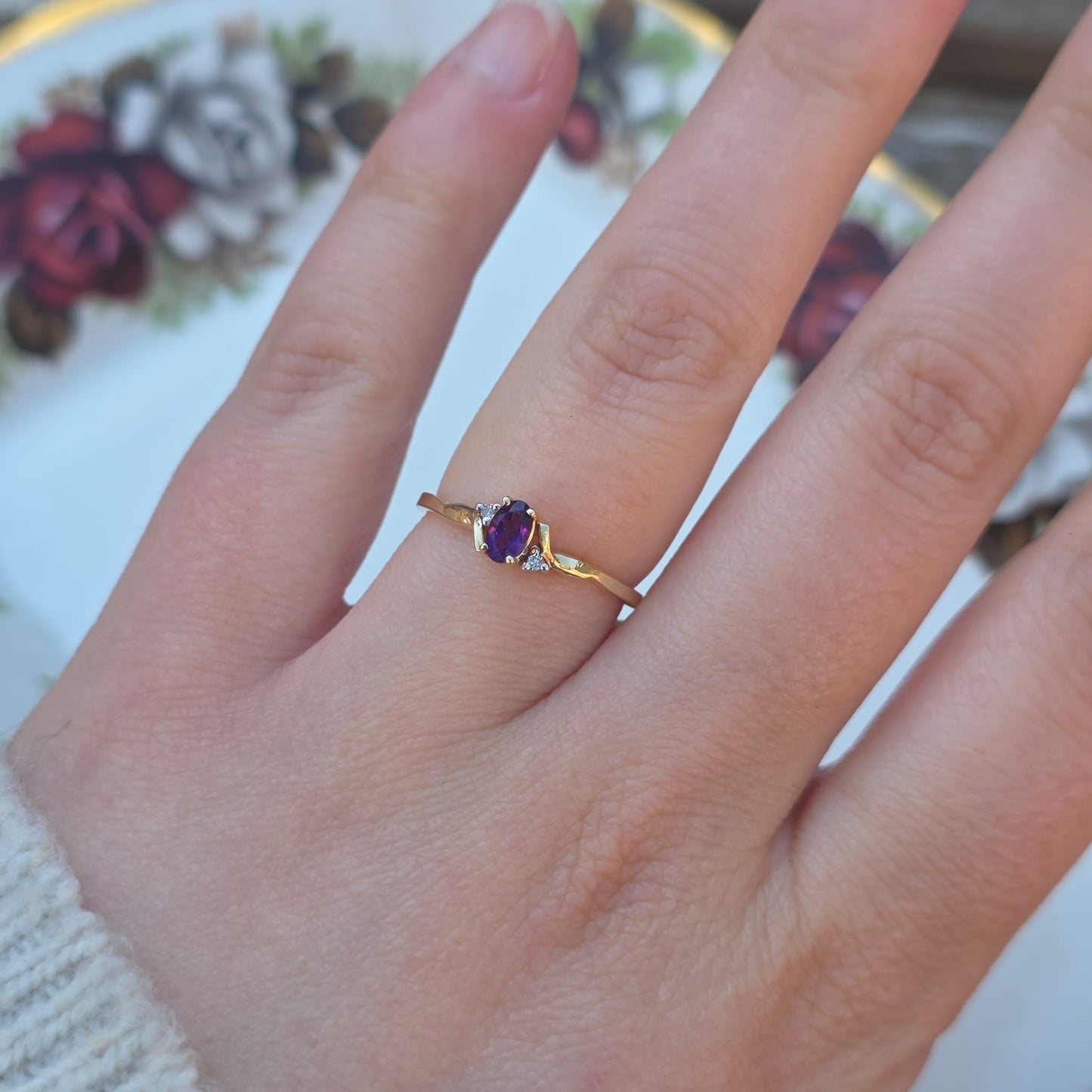Vintage 10k ring met diamant en amethist