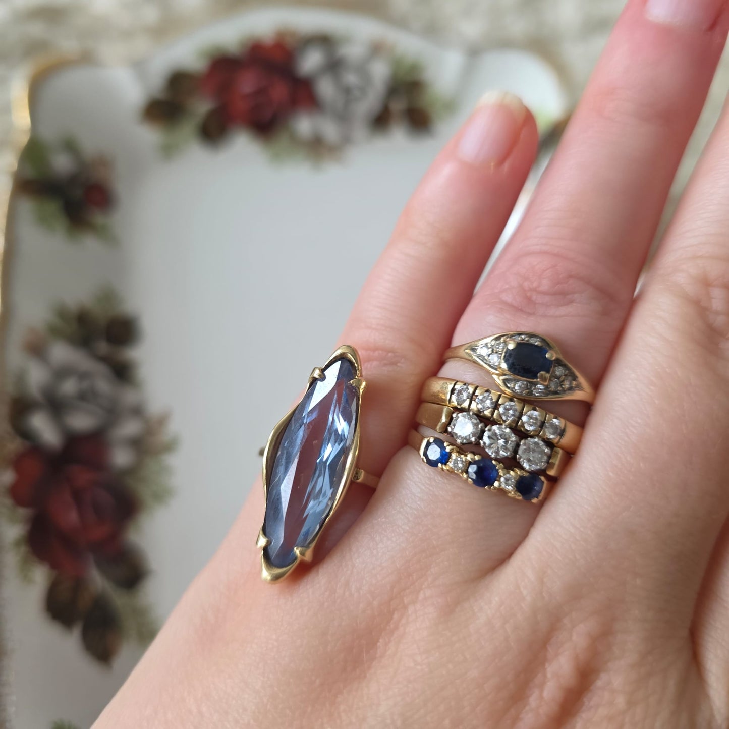 Vintage 14k gouden ring met saffier en diamanten