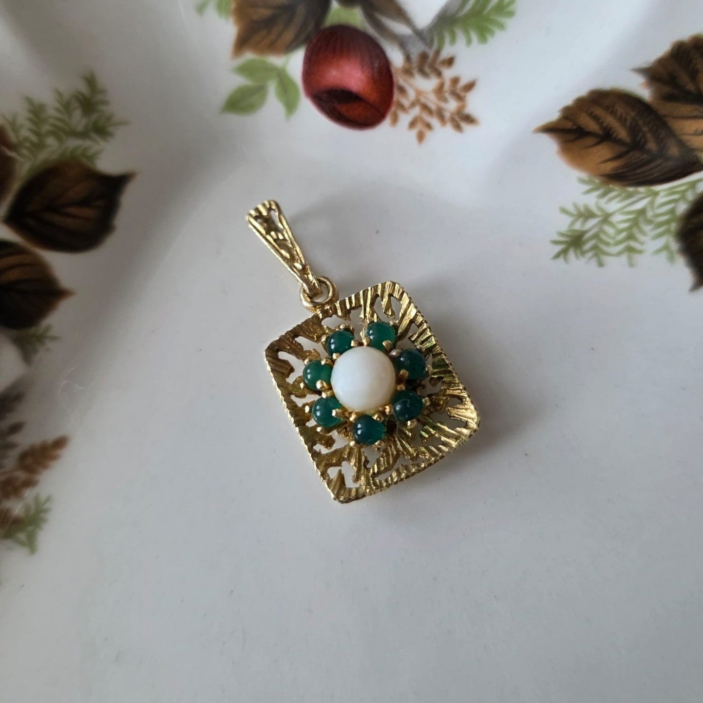 Vintage 14k gouden hanger met parel en aventurien