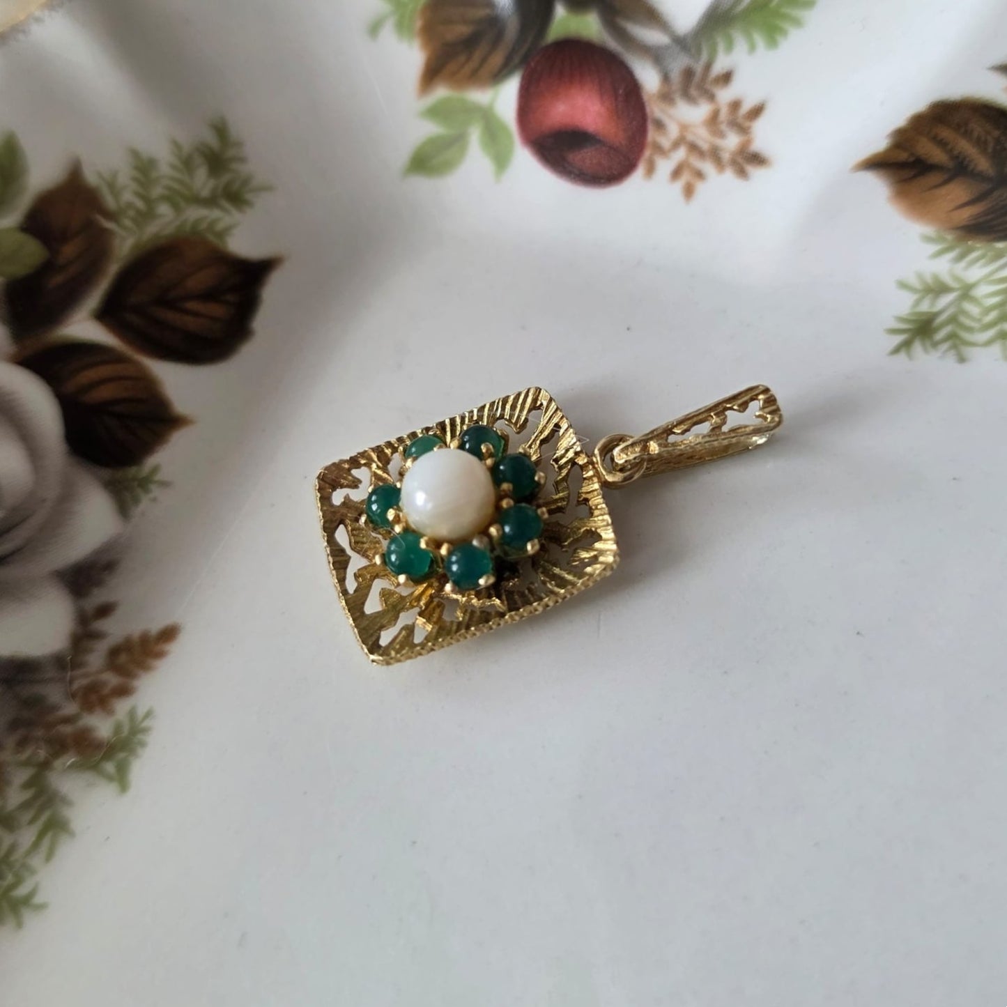 Vintage 14k gouden hanger met parel en aventurien