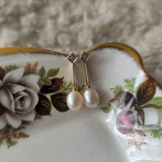 Vintage 14k gouden oorhangers parel en diamant
