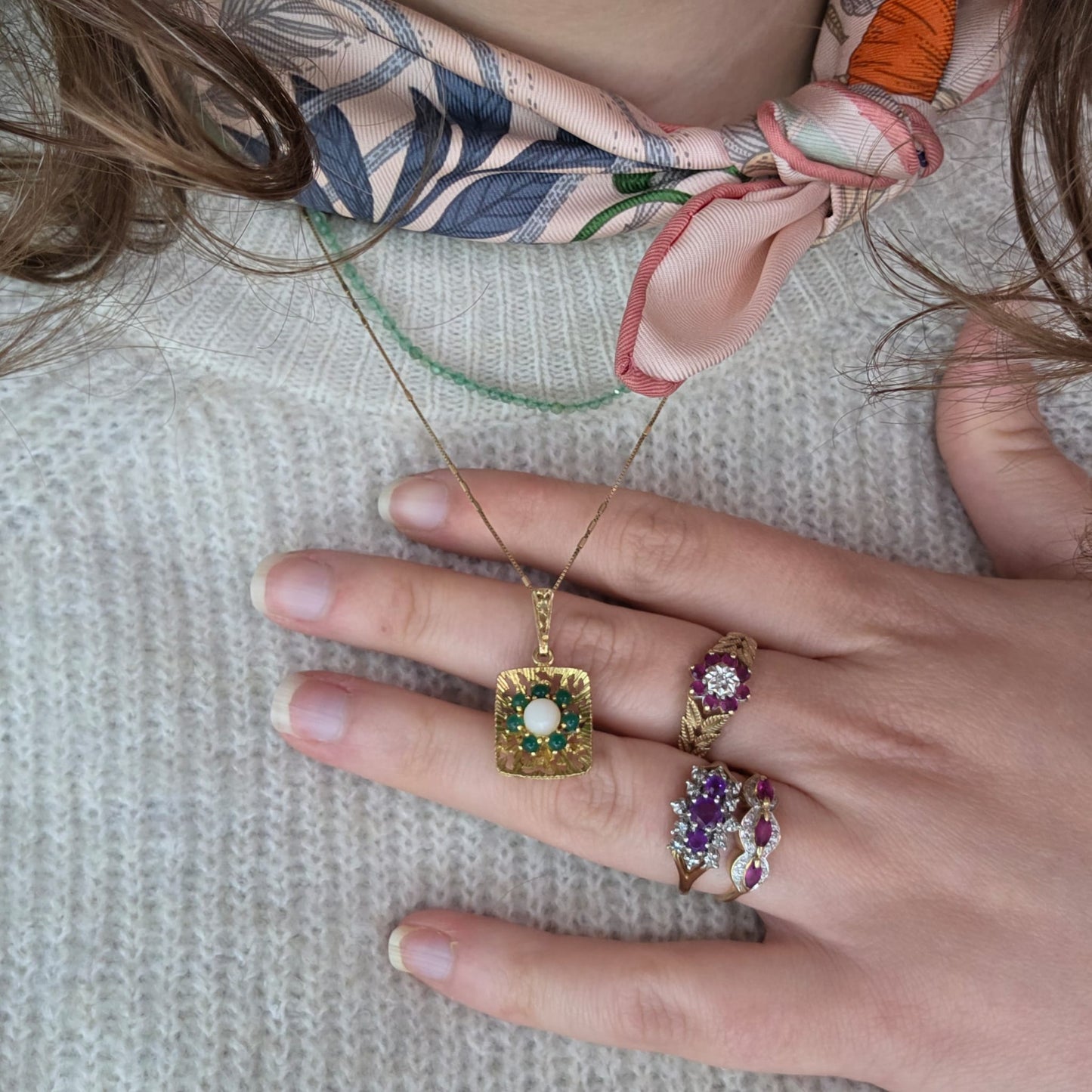 Vintage 14k gouden hanger met parel en aventurien