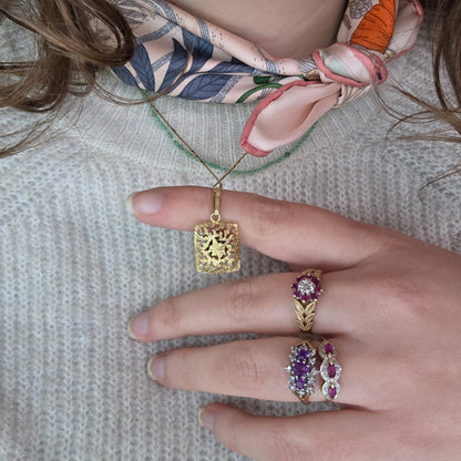 Vintage 14k gouden ring met robijnen en diamanten