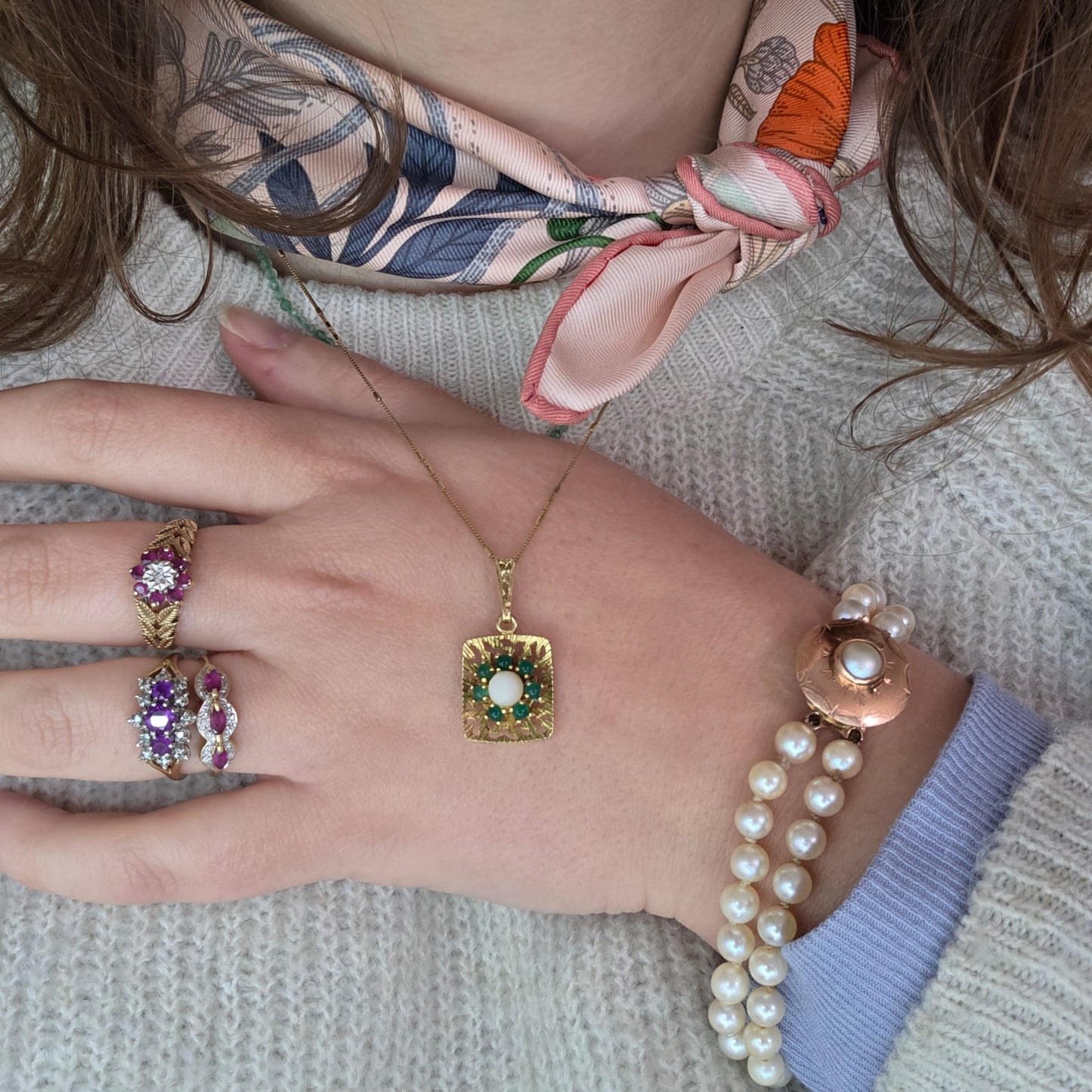 Vintage 14k gouden ring met robijnen en diamanten