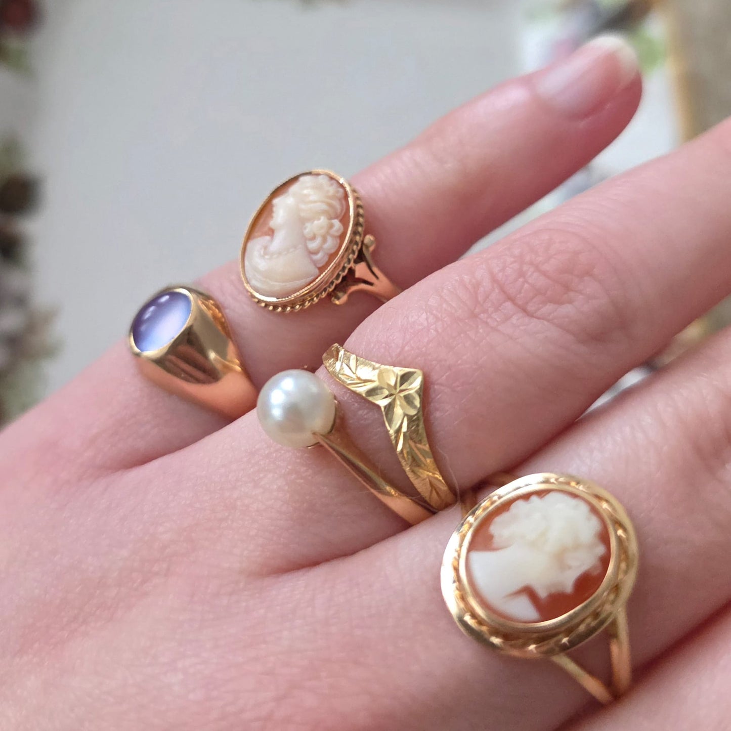 Vintage 14k gouden ring camee met gravure