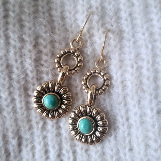 Barse Brons Oorhangers Bloem Turquoise