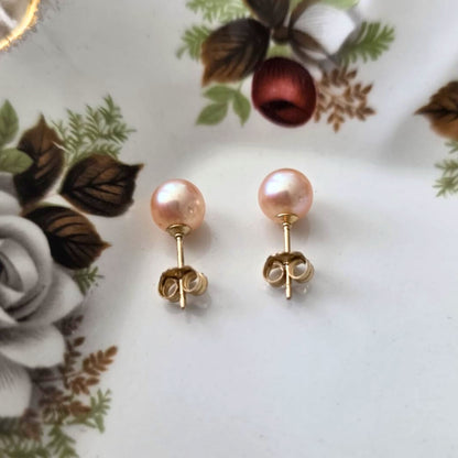 Vintage 14k gouden oorstekers roze parel