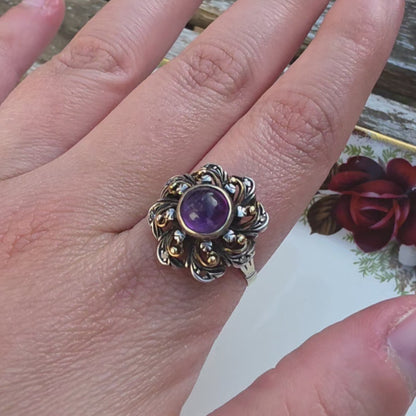Antieke 14k gouden en zilver ring met amethist en diamantjes