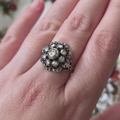 Antieke 14k gouden en zilver ring roosdiamant bloem