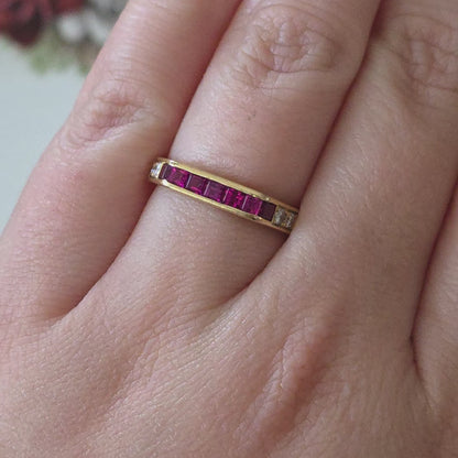 Vintage 18k gouden ring met robijn en diamant