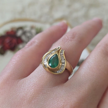 Vintage 18k gouden ring met smaragd en diamanten