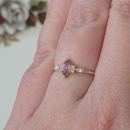Vintage 14k gouden ring met amethist en kwarts