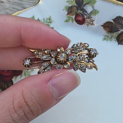 Antieke 14k gouden roosdiamant broche bloemtak en tremblant