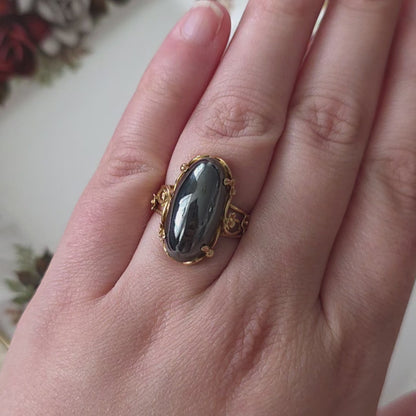 Vintage 14k gouden ring met hematiet en bloemen