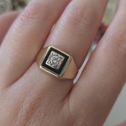 Vintage 14k gouden zegelring met onyx en diamant