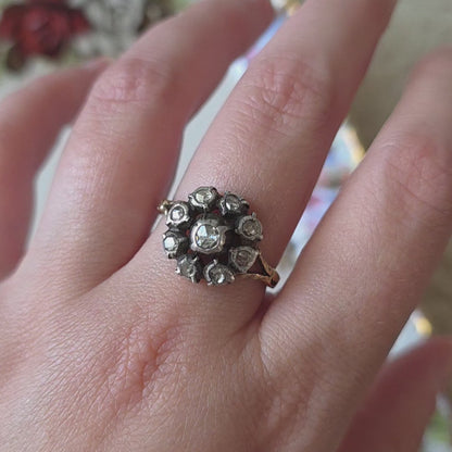 Antieke 14k gouden en zilver ring roosdiamant bloem