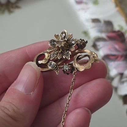 Antieke 14k gouden roosdiamant broche bloemtak