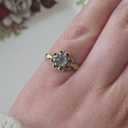 Vintage 14k gouden ring met aquamarijn bloem