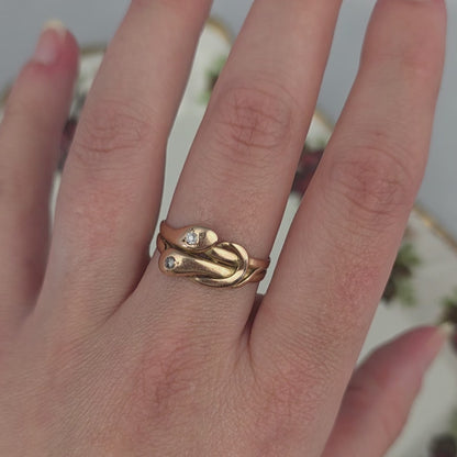 Antique 14k gold snake ring with rose-cut diamond and quartz