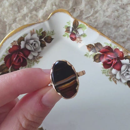 Vintage 14k rose gouden ring zwarte band agaat