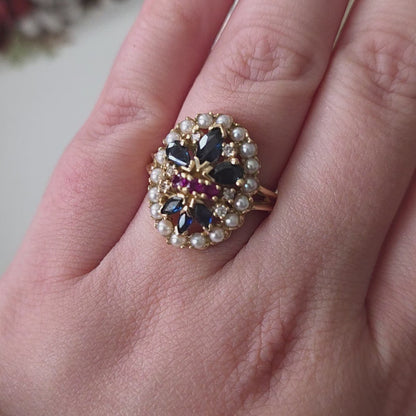 Vintage 14k ring saffier robijn diamant en zaadparels Franklin Mint