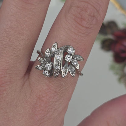 Antieke 14k witgouden ring diamanten bloemen