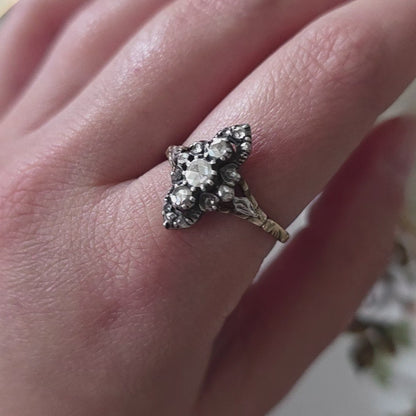 Antieke 14k gouden en zilver ring roosdiamant navette