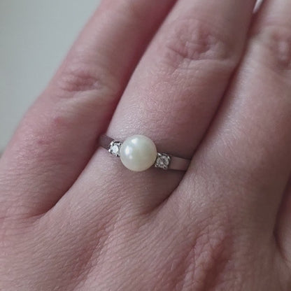 Vintage 14k witgouden ring met parel en diamanten