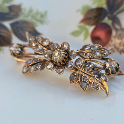 Antieke 14k gouden roosdiamant broche bloemtak en tremblant