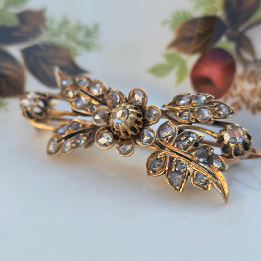 Antieke 14k gouden roosdiamant broche bloemtak en tremblant
