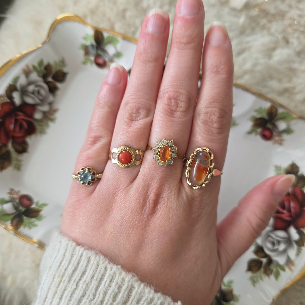 Vintage 18k gouden ring met citrien en kwarts