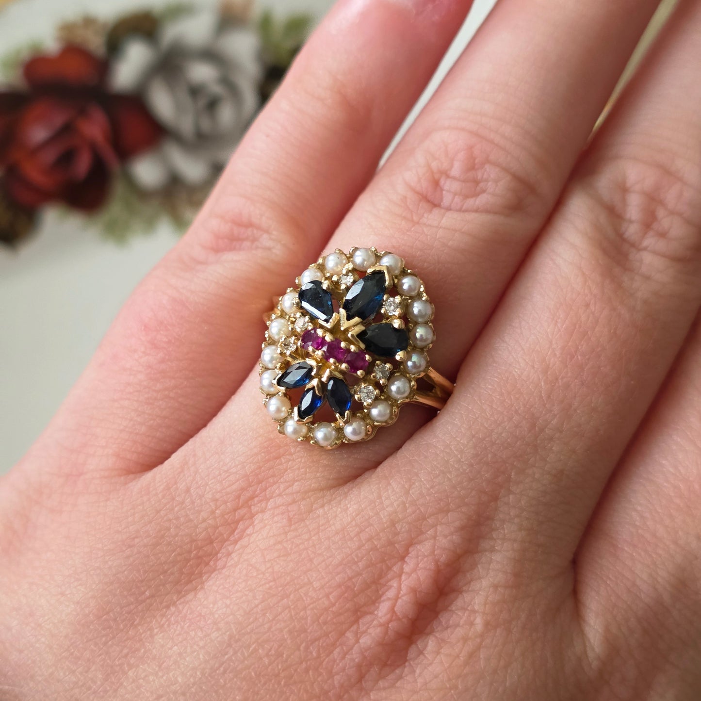 Vintage 14k ring saffier robijn diamant en zaadparels Franklin Mint
