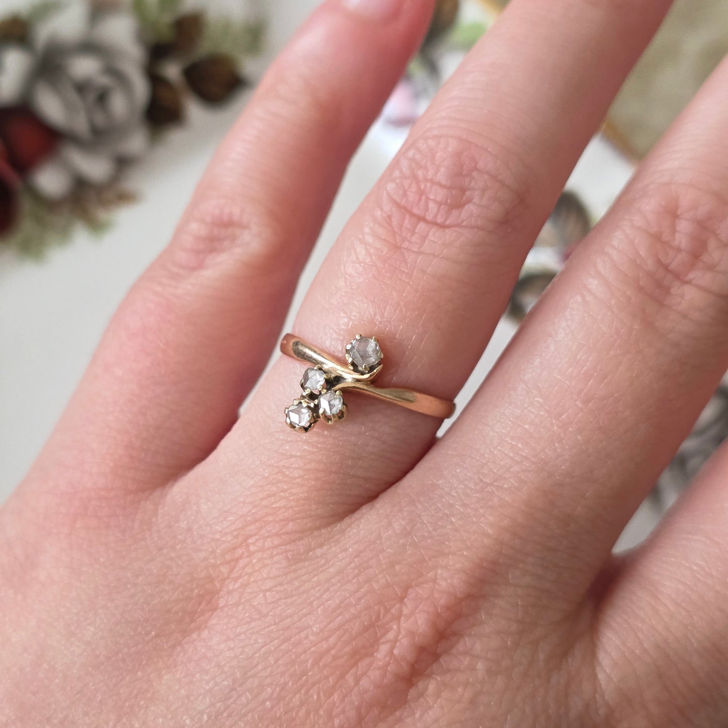 Antieke 14k roségouden ring met roosdiamanten