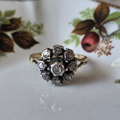 Antieke 14k gouden en zilver ring roosdiamant bloem