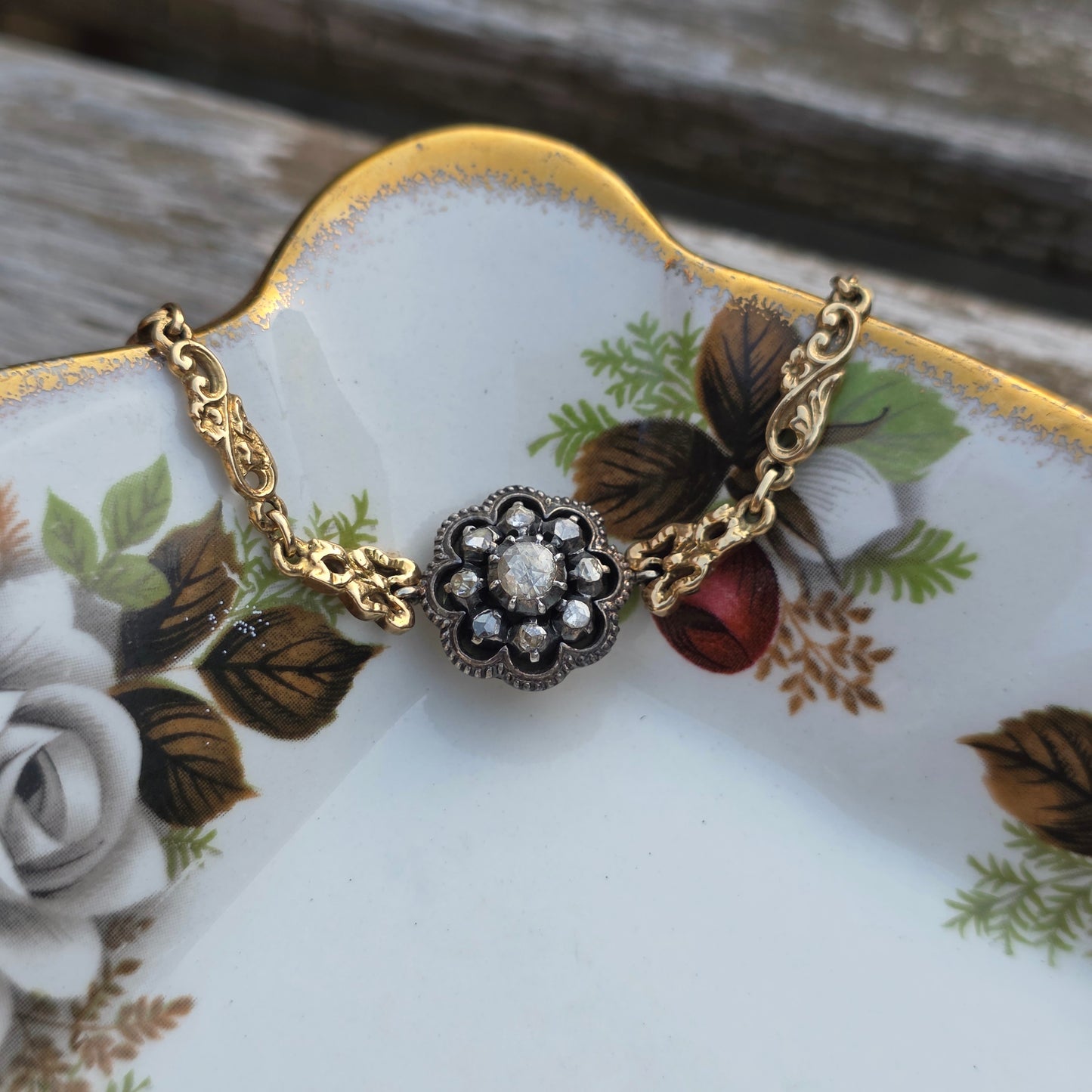Antieke 14k gouden en zilver roosdiamant armband
