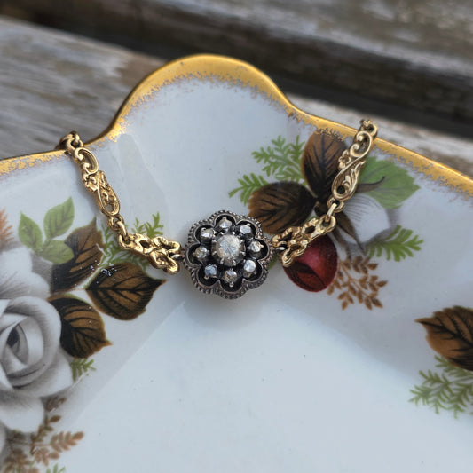 Antieke 14k gouden en zilver roosdiamant armband