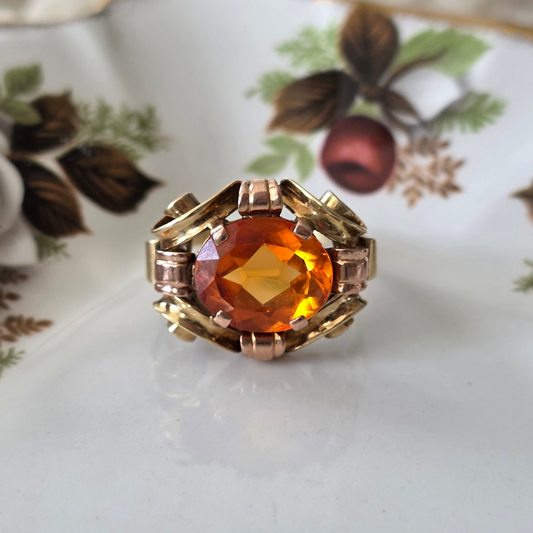 Vintage 14k gouden ring oranje saffier krullen