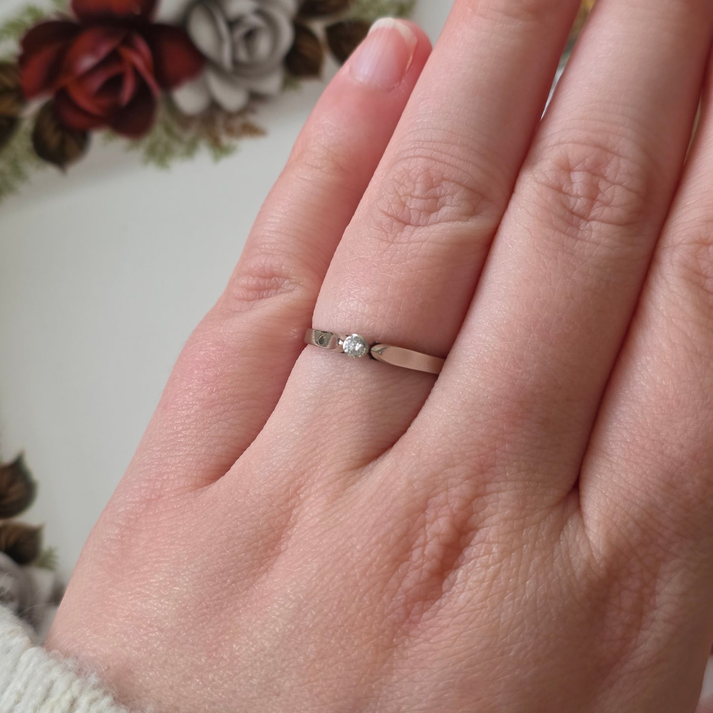 Vintage 14k witgouden verlovingsring met solitair diamant 0,06ct