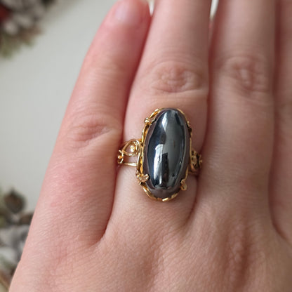 Vintage 14k gouden ring met hematiet en bloemen