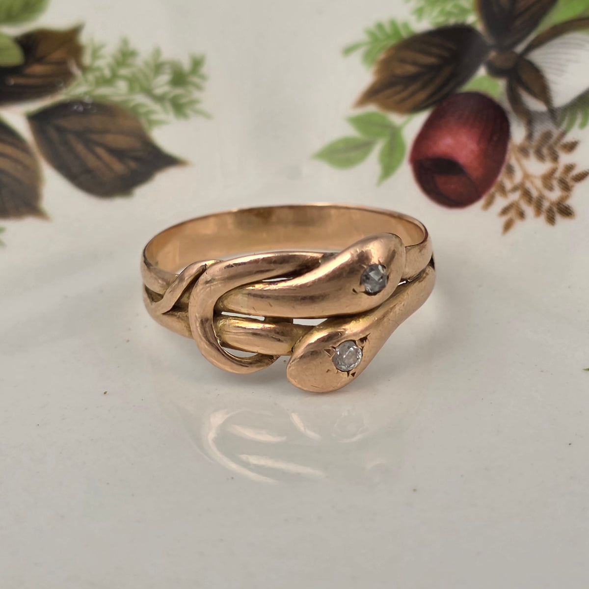 Antique 14k gold snake ring with rose-cut diamond and quartz