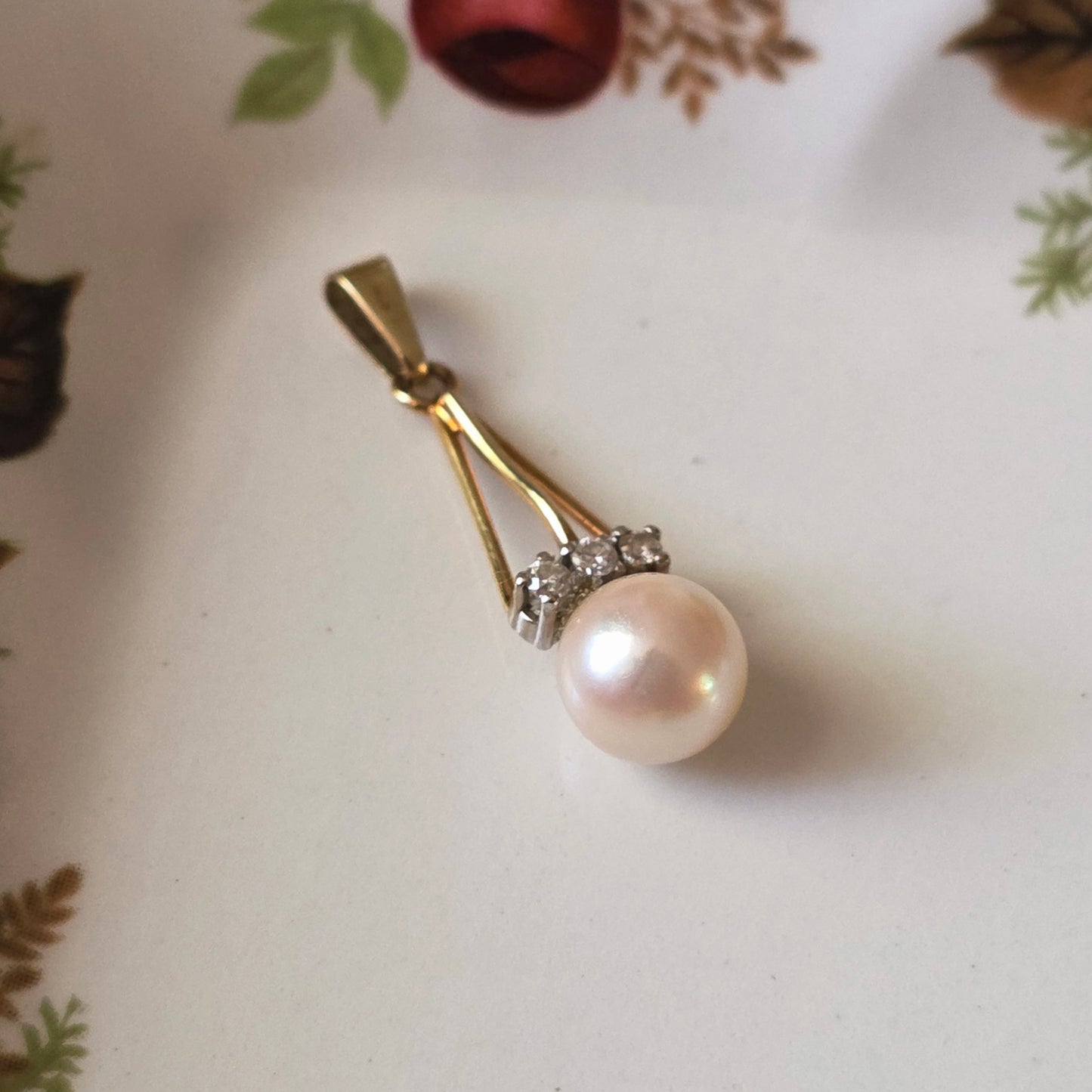 Vintage 14k gouden hanger parel en diamanten