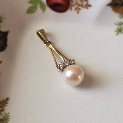 Vintage 14k gouden hanger parel en diamanten