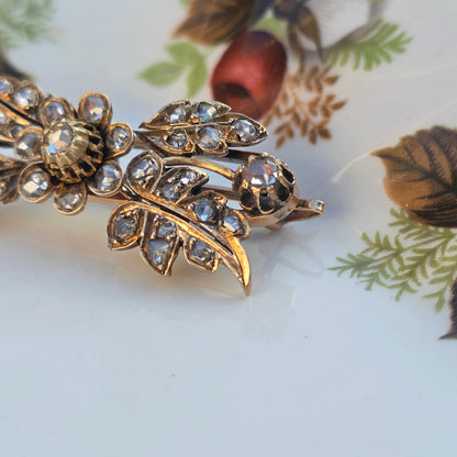 Antieke 14k gouden roosdiamant broche bloemtak en tremblant