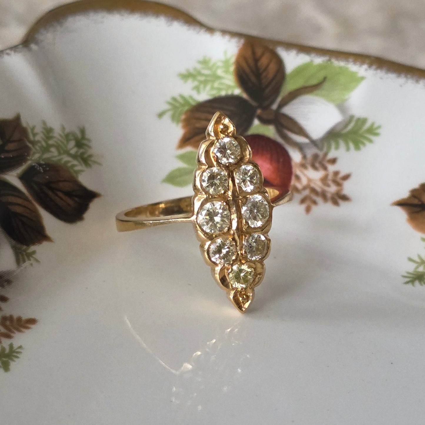 Vintage 20k gold navette ring with diamonds 0.46ct