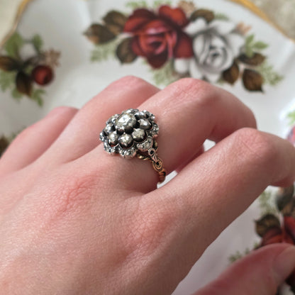 Antieke 14k gouden en zilver ring roosdiamant bloem
