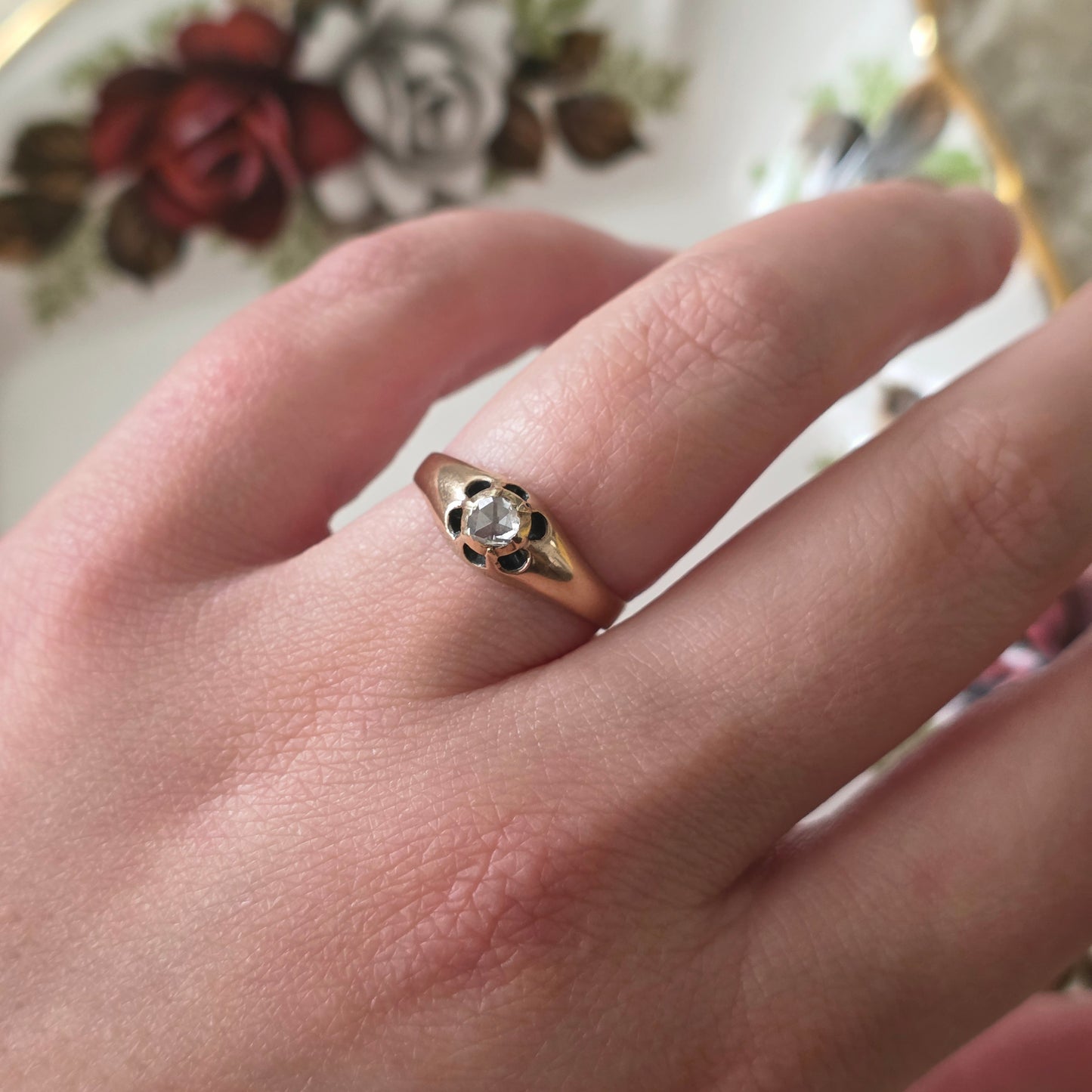 Antique 14k gold belcher ring with rose-cut diamond