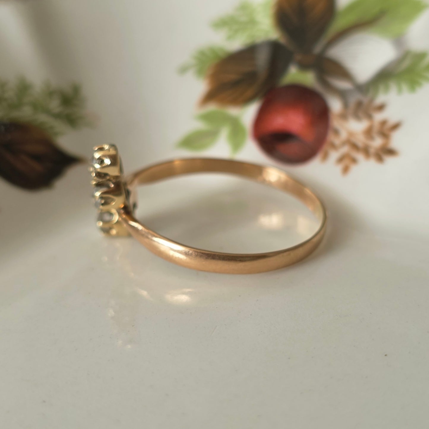 Antieke 14k roségouden ring met roosdiamanten